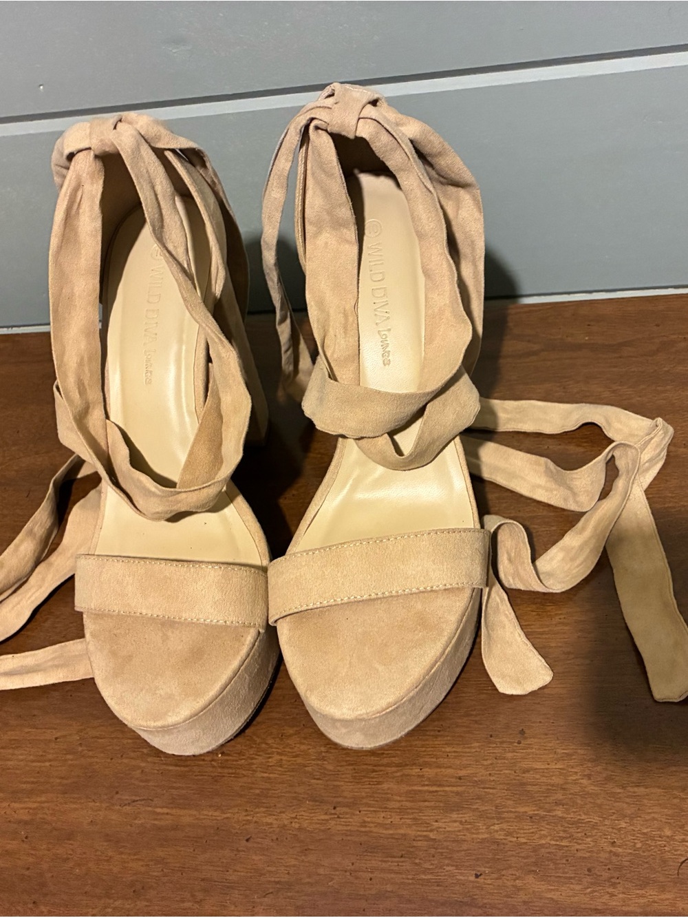 Wild Diva Beige Wraparound Platform Heels